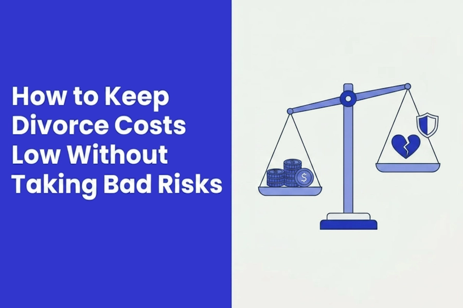 Balance scale graphic showing how to keep divorce costs low without taking bad risks